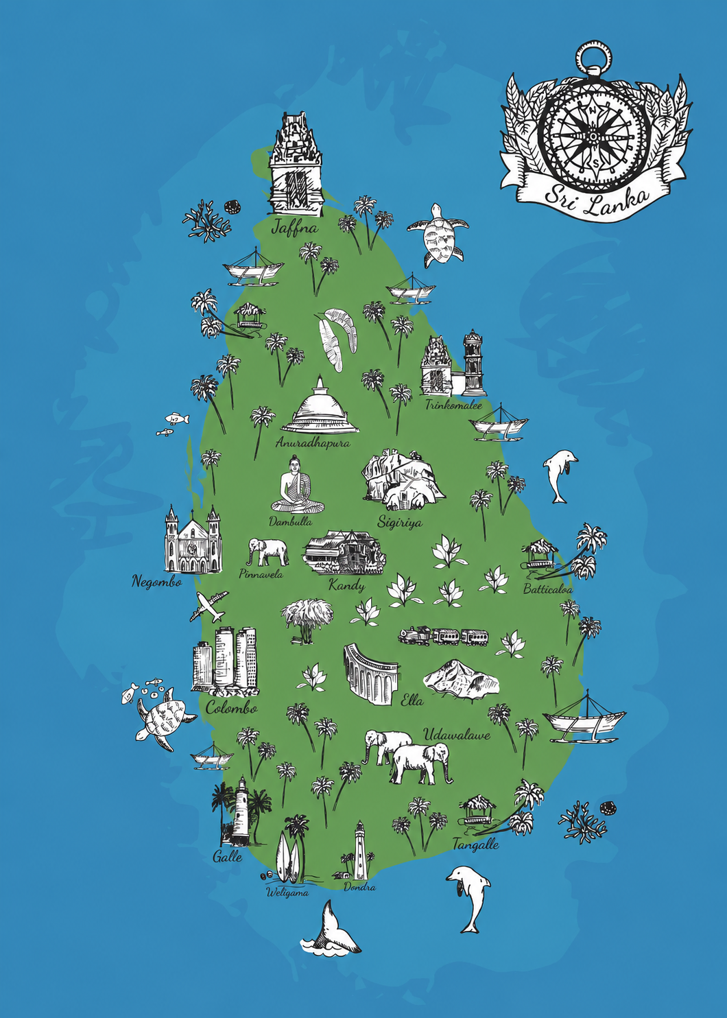 Illustrated map of Sri Lanka with regions and landmarks